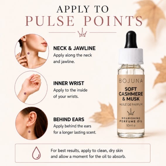 A beauty product infographic for BOJUNA Soft Cashmere & Musk Nourishing Perfume Oil. The image features a 10ml dropper bottle on the right, alongside three instructional circles on the left showing how to apply the oil to the neck, inner wrist, and behind the ears.