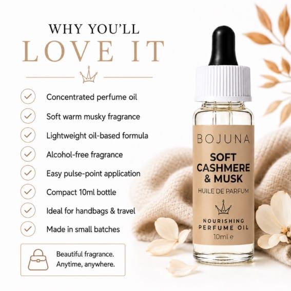 A 10ml bottle of BOJUNA Soft Cashmere & Musk perfume oil displayed on a clean white background with decorative beige fabric, dried leaves, and text highlighting its soft, musky fragrance and compact bottle design.