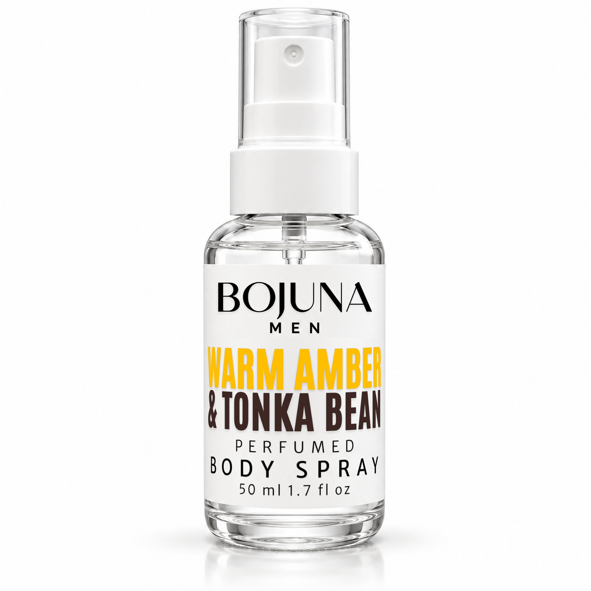 Bojuna Men Warm Amber & Tonka Bean perfumed body spray, 50 ml bottle on a white background