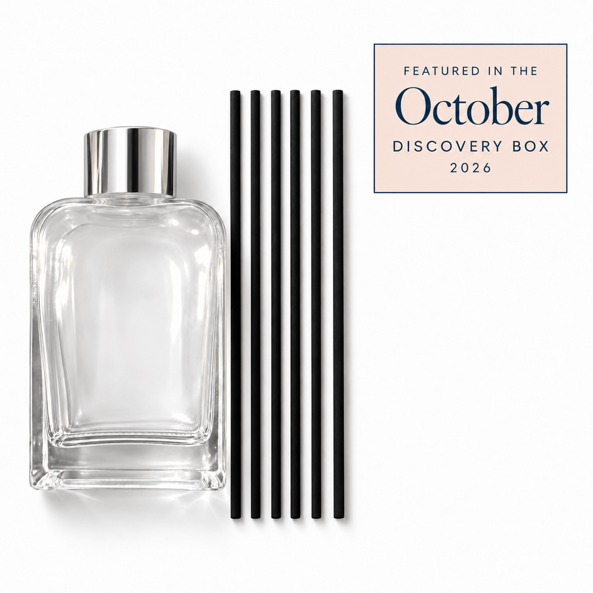 Reed Diffuser Bottle – Clear Glass with 6 Black Reeds — featured in Bojuna’s October Discovery Box 2026.