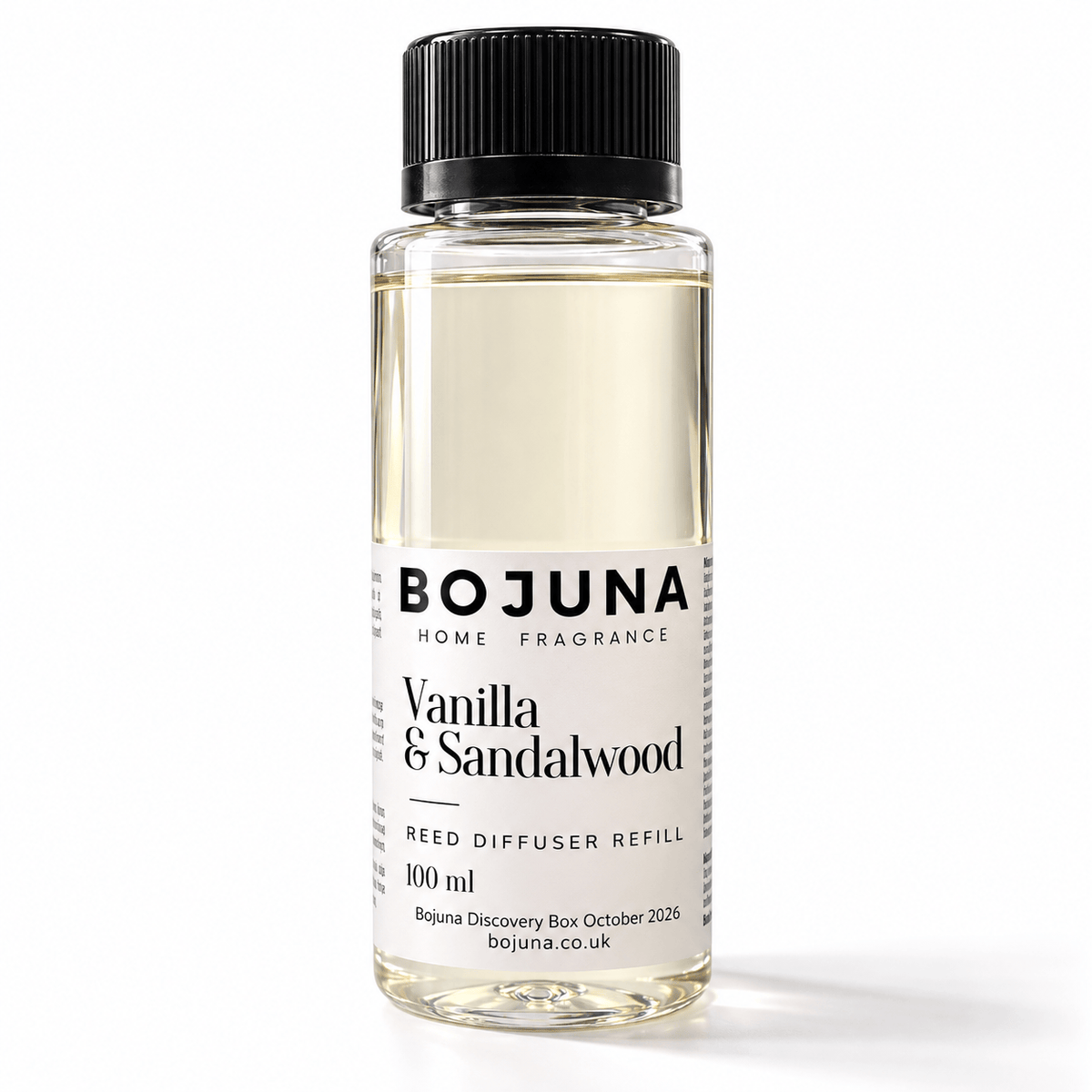 Bojuna Vanilla & Sandalwood reed diffuser refill, 100 ml, with black cap and October Discovery Box label on a white background.