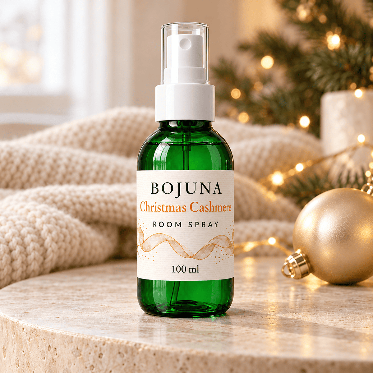 Bojuna Christmas Cashmere Room Spray 100 ml in an elegant Christmas setting with soft festive lights.