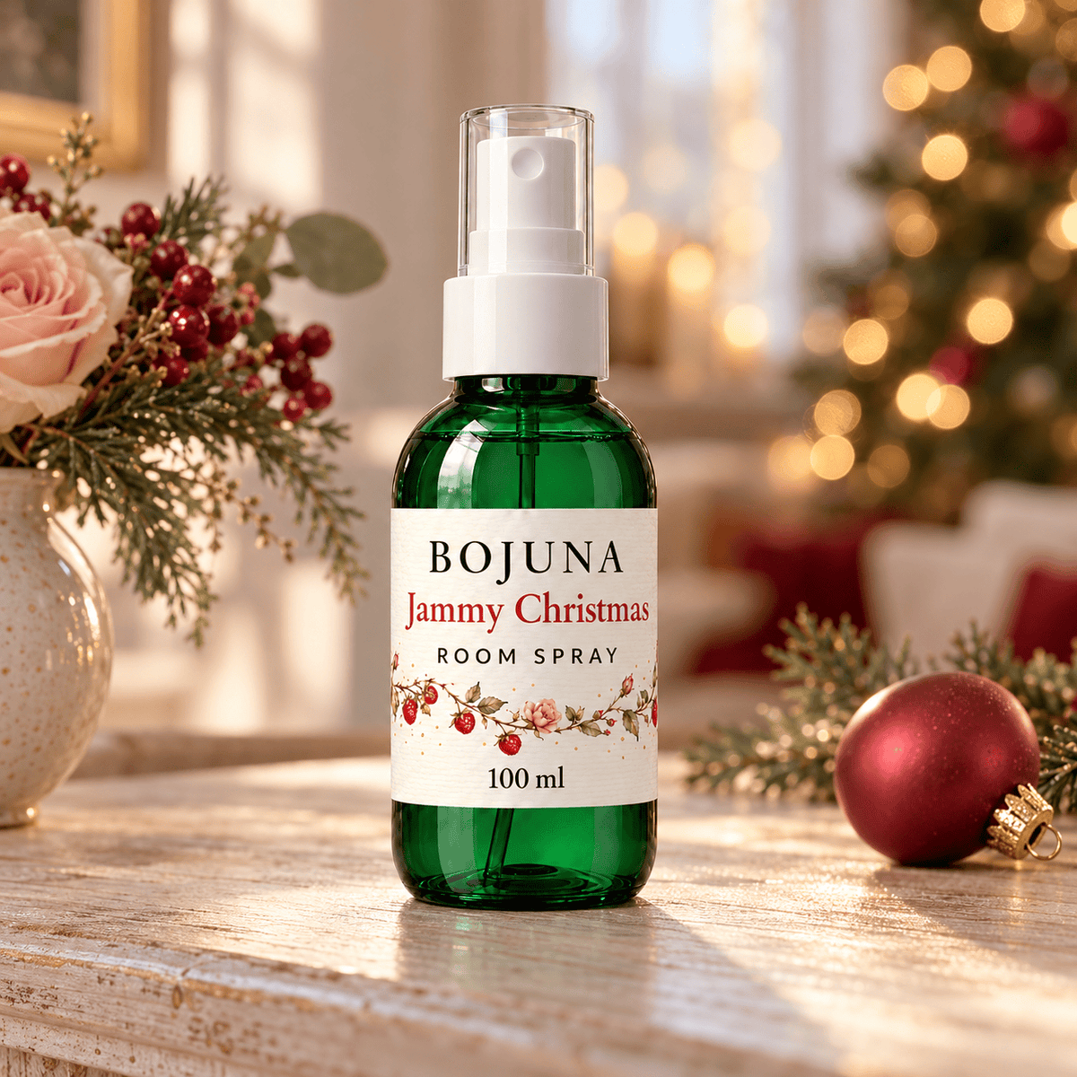 Bojuna Jammy Christmas Room Spray 100 ml in an elegant Christmas setting with soft festive lights.