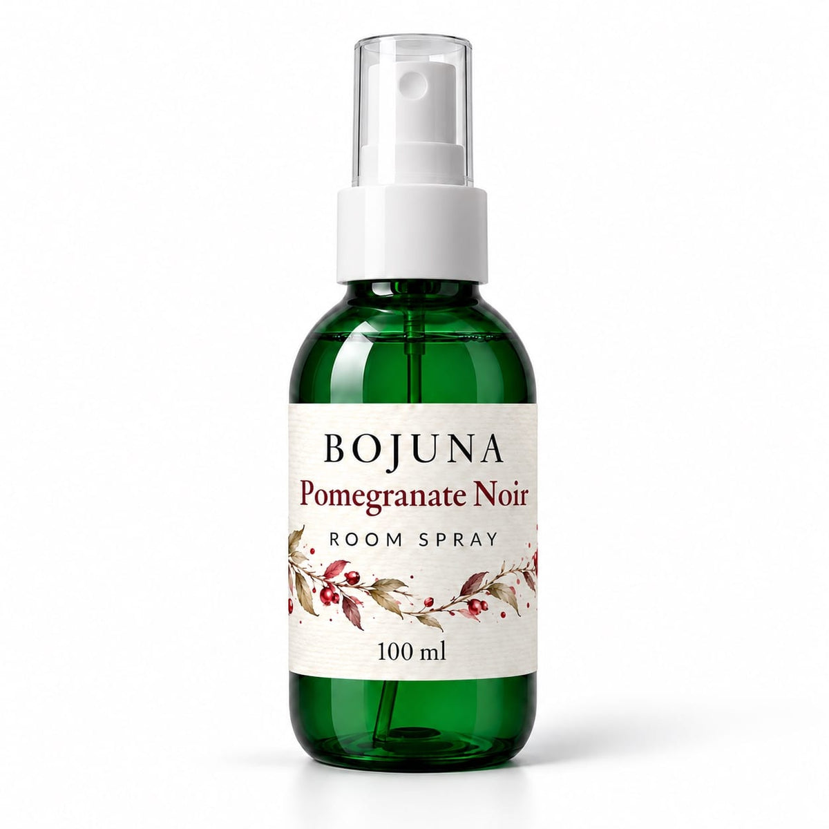 Bojuna Pomegranate Noir Room Spray 100 ml, green bottle with white atomiser and Christmas wrap label.