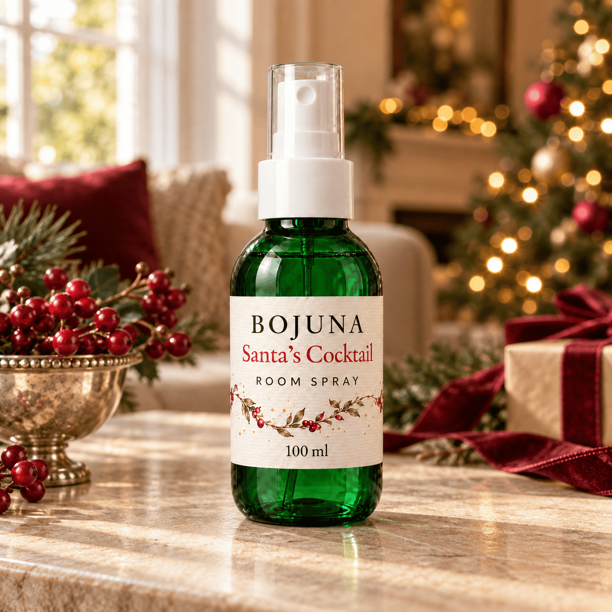 Bojuna Santa’s Cocktail Room Spray 100 ml in an elegant Christmas setting with soft festive lights.