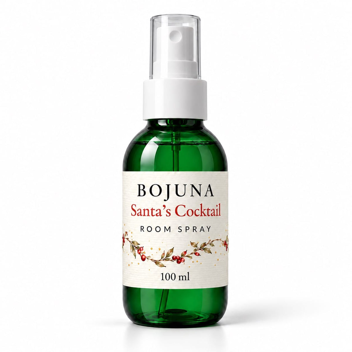 Bojuna Santa’s Cocktail Room Spray 100 ml, green bottle with white atomiser and Christmas wrap label.