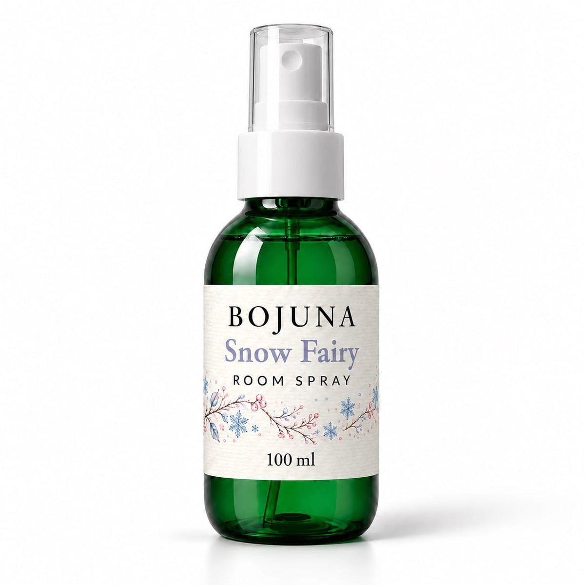 Bojuna Snow Fairy Room Spray 100 ml, green bottle with white atomiser and Christmas wrap label.
