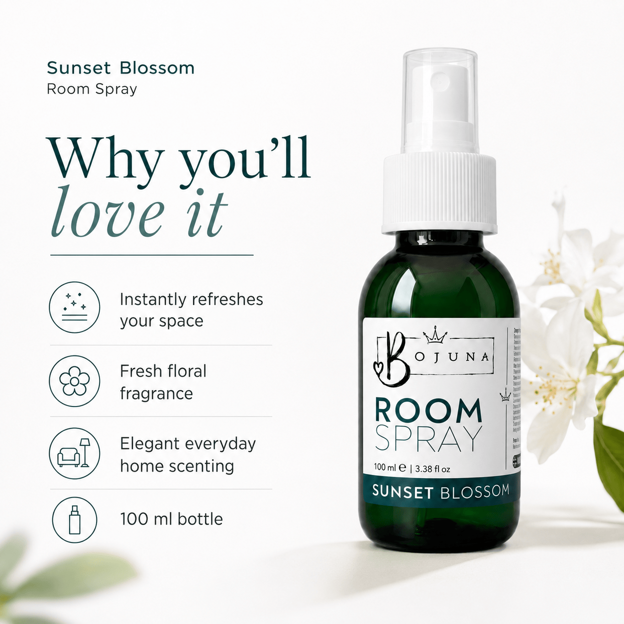 A bottle of Bojuna Sunset Blossom Room Spray shown on a clean white background with promotional text and floral accents. The dark green spray bottle has a white pump and a white label with teal and black text.
