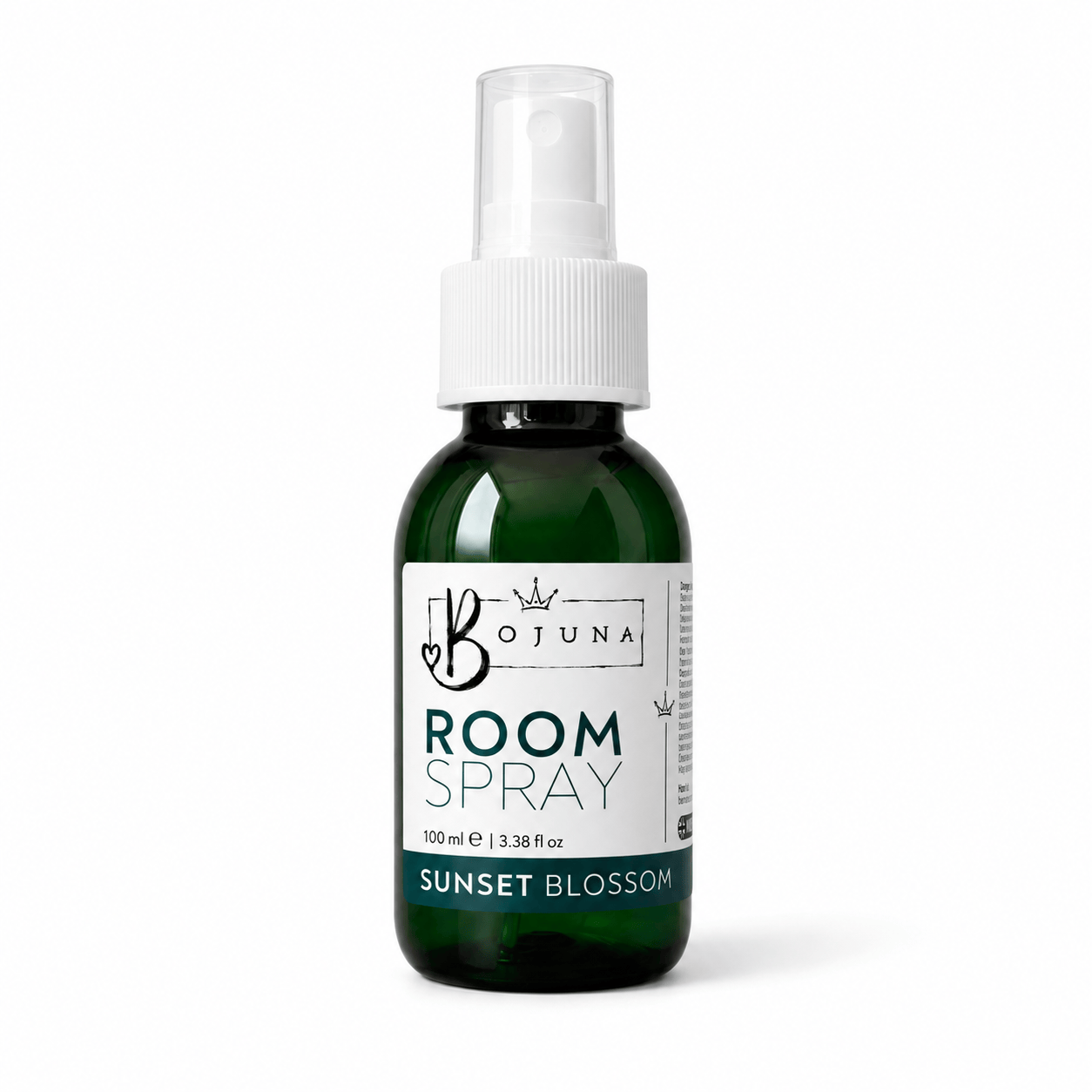 A 120 ml dark green glass room spray bottle with a white spray cap and a white label reading 'BOJUNA ROOM SPRAY SUNSET BLOSSOM'.