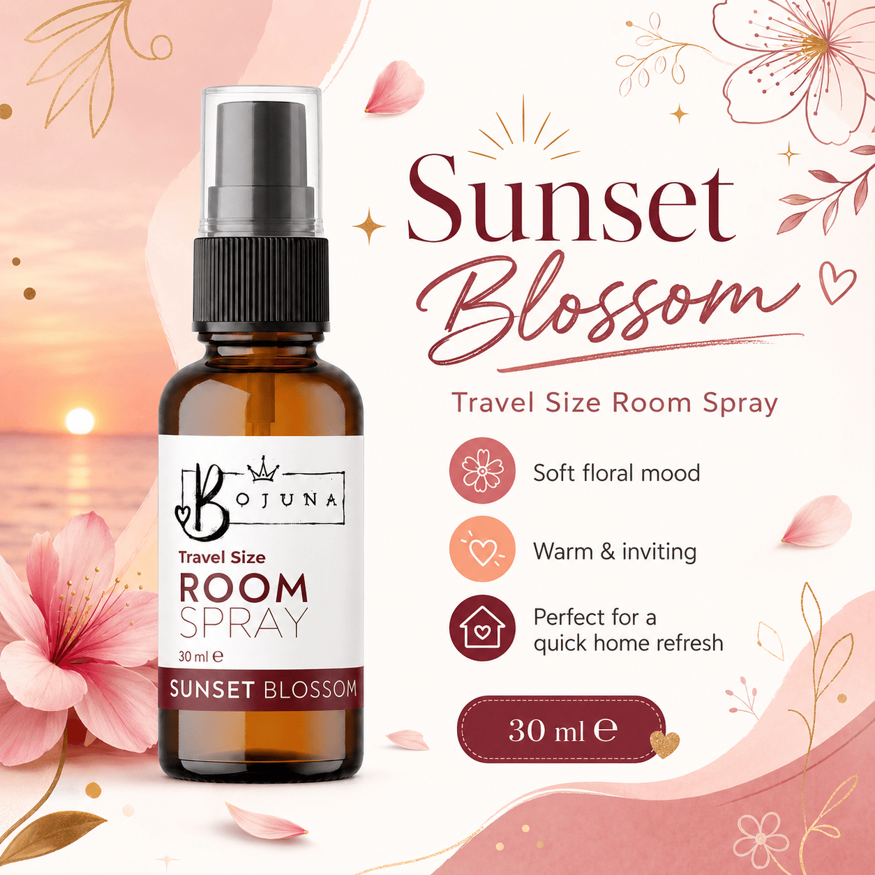 A bottle of Bojuna Sunset Blossom Travel Size Room Spray shown on a decorative pink and peach background with floral graphics and product benefits text.