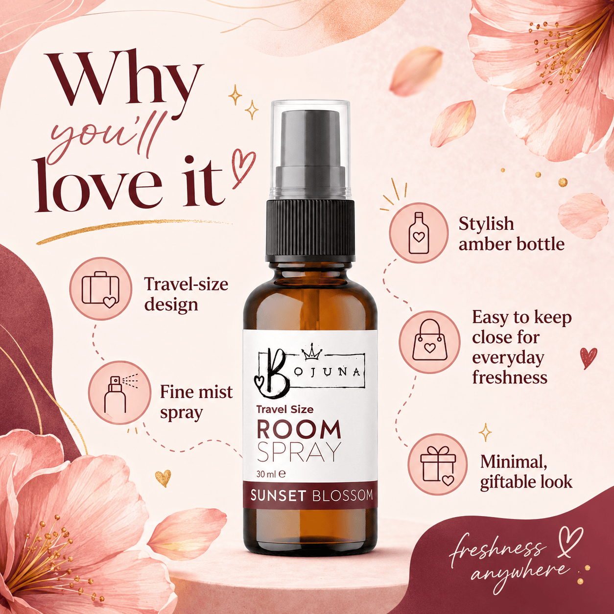 Botuna Room Spray in Sunset Blossom scent, presented in an amber glass travel-size spray bottle with a black spray cap. The bottle is centered on a light pink background decorated with floral graphics and marketing text highlighting its features.
