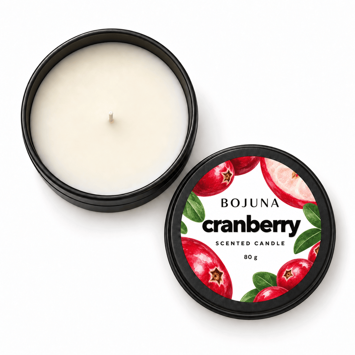 Overhead view of the Bojuna Cranberry 80 g candle with ivory wax, a short unlit wick and its matching illustrated lid.