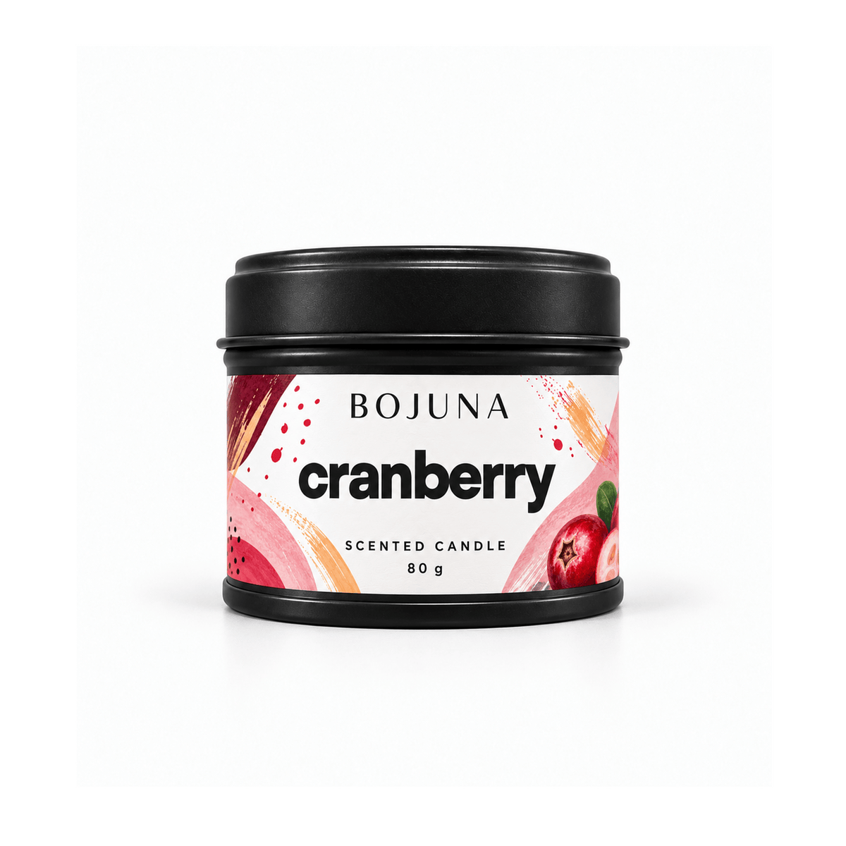 Bojuna Cranberry 80 g scented candle in a black tin with its illustrated white wrap label, photographed against a white background.