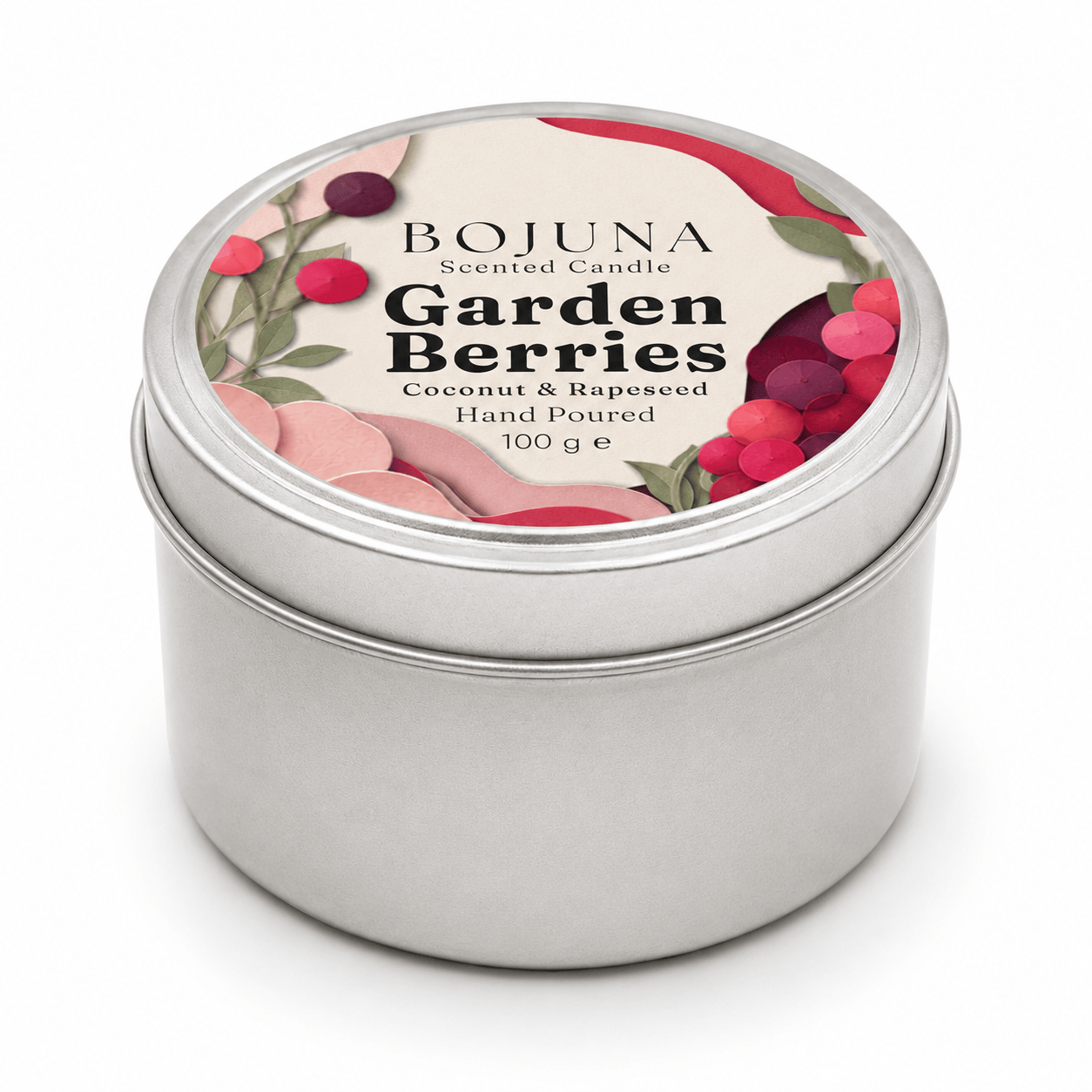 A round silver metal tin candle with a printed lid label reading BOJUNA Scented Candle Garden Berries Coconut & Rapeseed Hand Poured 100 g e, shown on a clean white background.