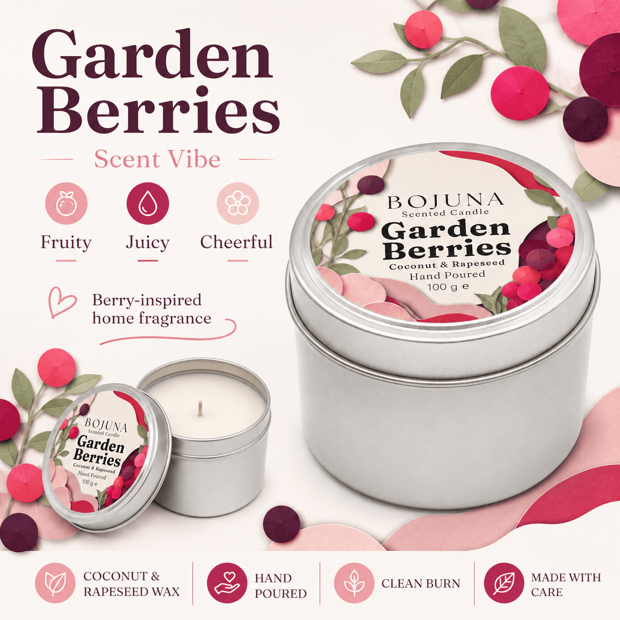 A tin candle labeled BOJUNA Beautiful Candle Garden Berries is shown on a clean white background with decorative berry illustrations and text describing the scent as fruity, juicy, and cheerful.