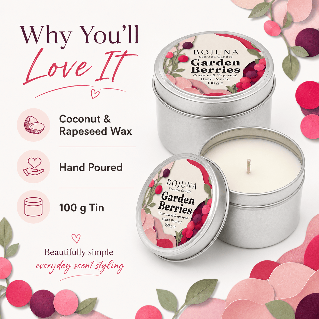 Two silver tin candles from Bojuna Natural Scents, one closed and one open showing the white wax, styled with pink and red berry graphics and text on a white background.