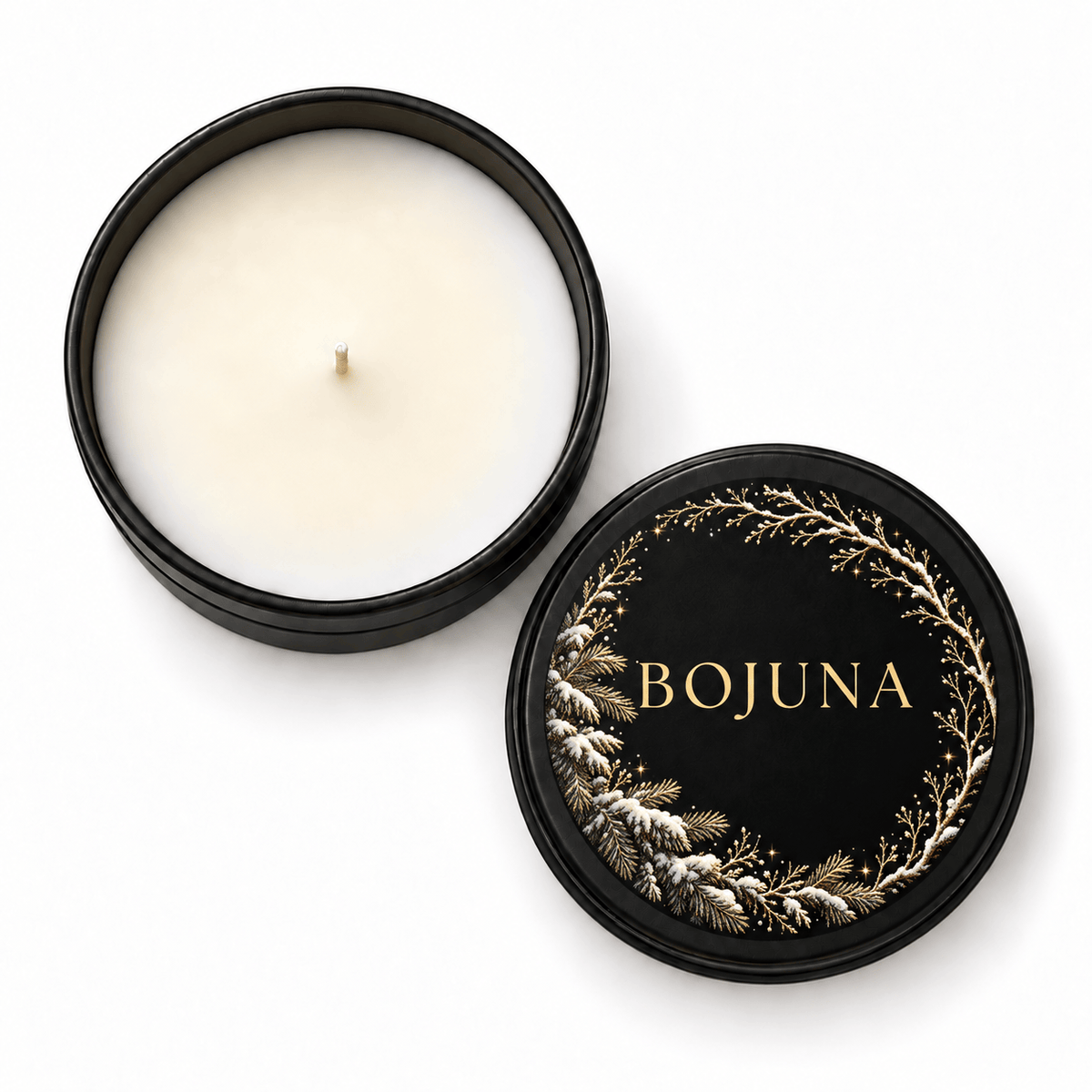 Overhead view of Bojuna Snow Walk candle with ivory wax and matching snowy gold wreath BOJUNA lid