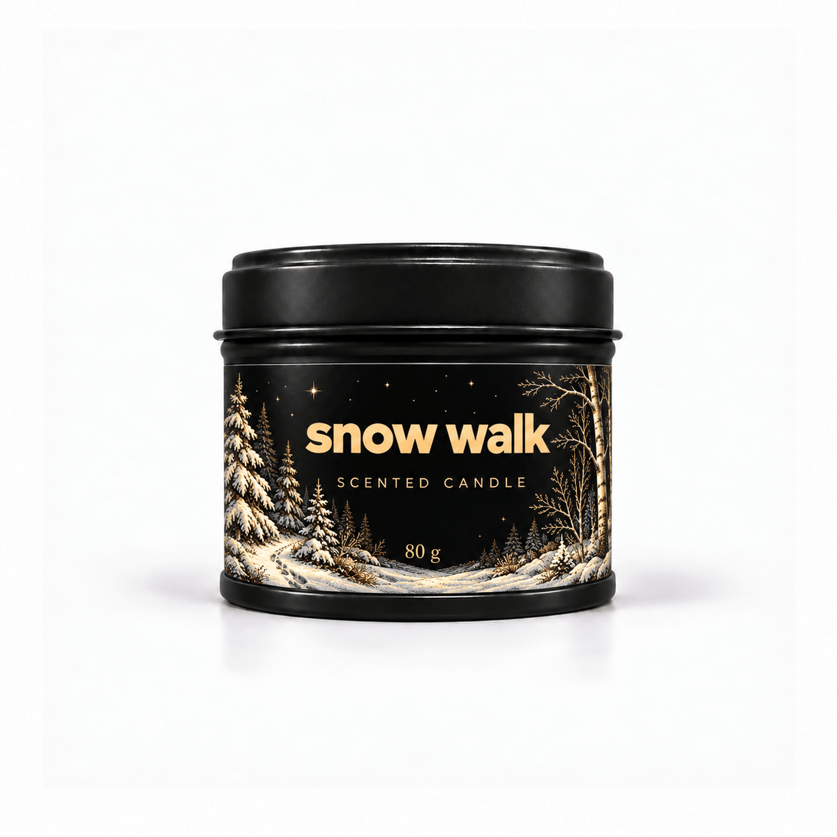 Bojuna Snow Walk 80 g scented Christmas candle in a black tin with gold and snowy woodland artwork