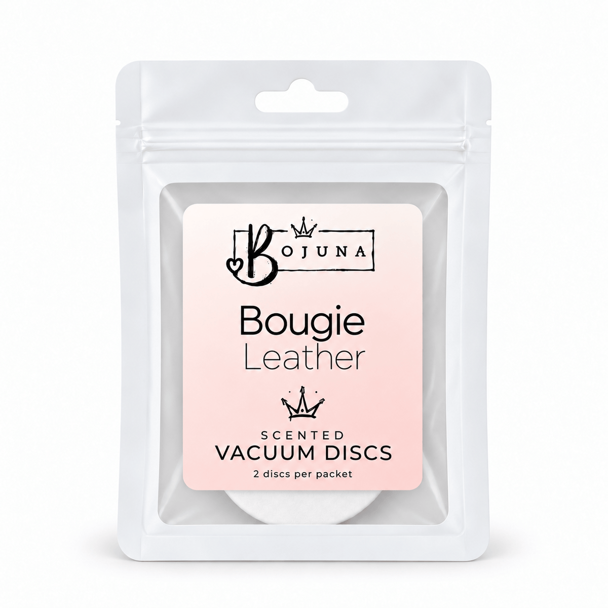 Bojuna Bougie Leather scented vacuum discs, 2 pack, centred on white background.