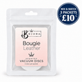 Bojuna Bougie Leather scented vacuum discs, 2 pack, on white background. Mix and match 3 packets for £10.