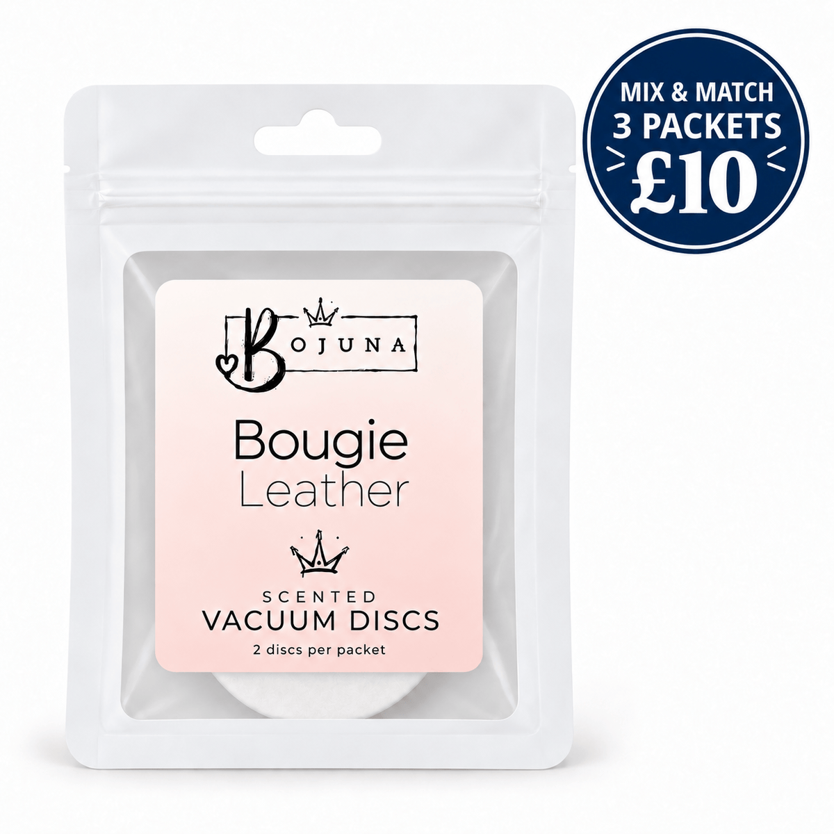 Bojuna Bougie Leather scented vacuum discs, 2 pack, on white background. Mix and match 3 packets for £10.