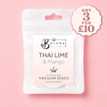 A white resealable pouch of Bojuna Scented Vacuum Discs in 'Thai Lime & Mango' scent, shown on a solid pink background with a promotional badge in the top right corner.