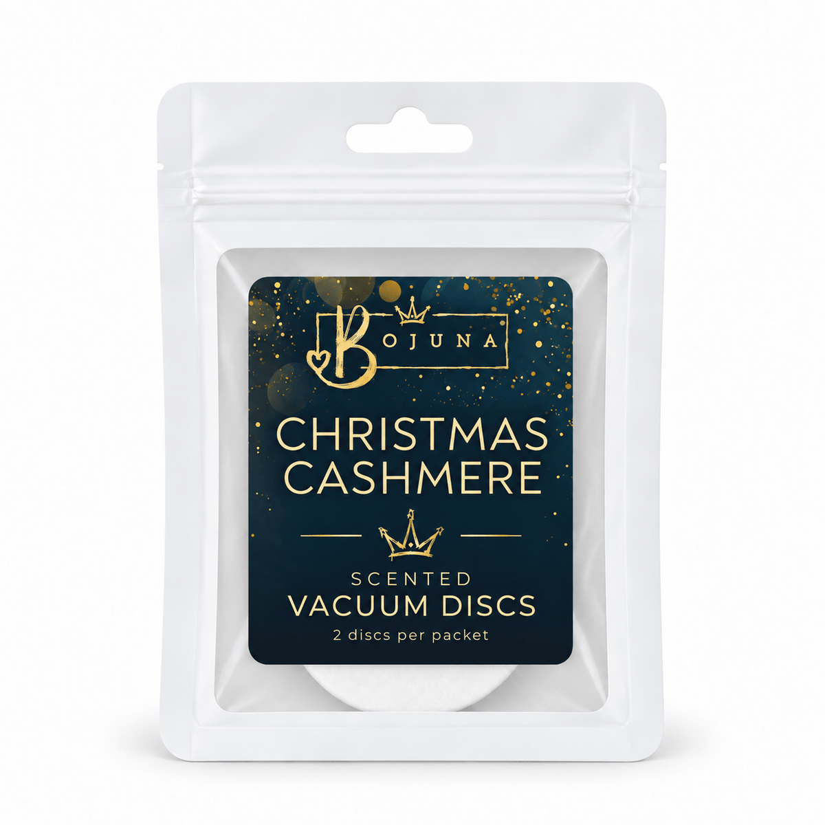 Bojuna Christmas Cashmere scented vacuum discs, 2 pack, navy and gold label on the white resealable pouch, centred on a white background.