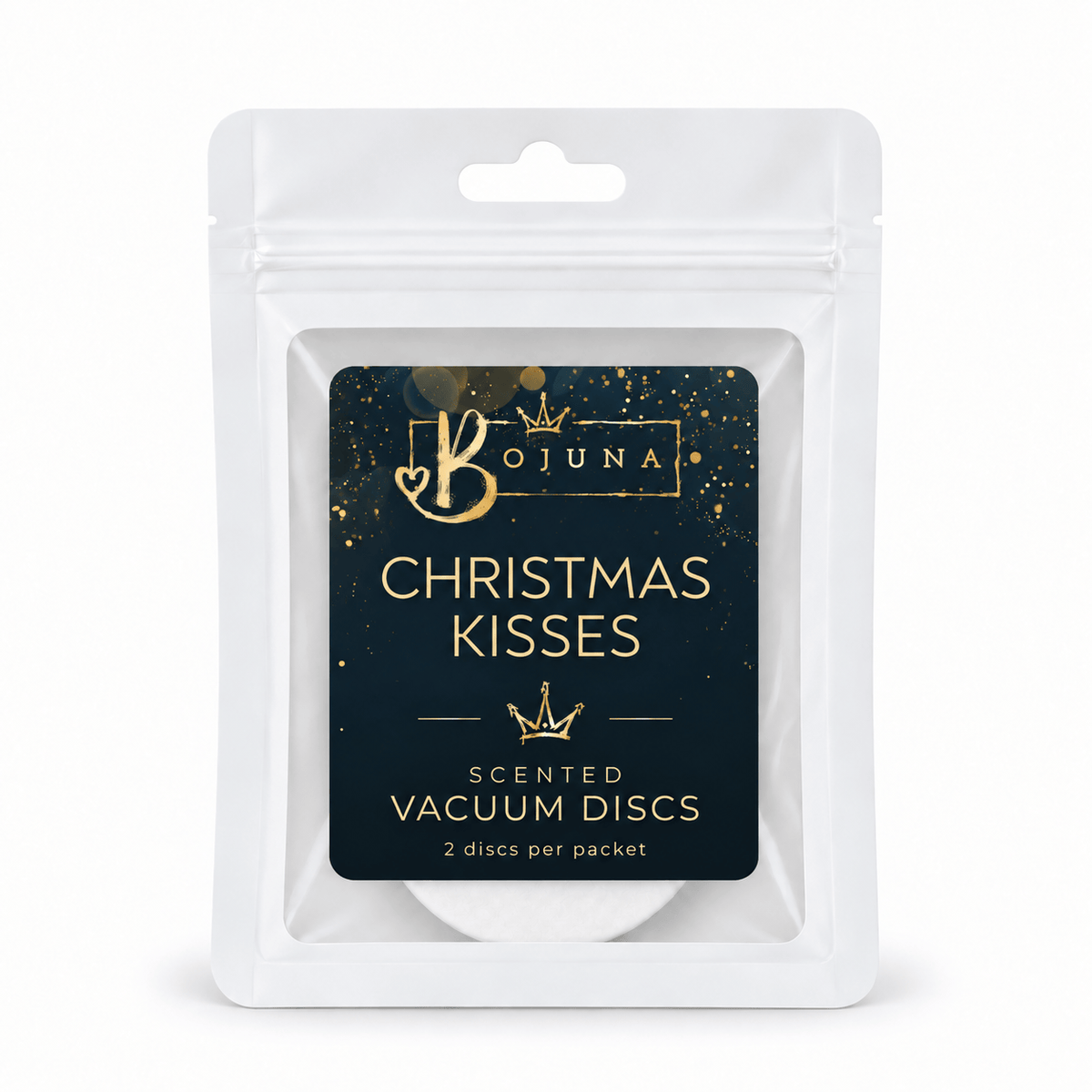 Bojuna Christmas Kisses scented vacuum discs, 2 pack, navy and gold label on the white resealable pouch, centred on a white background.