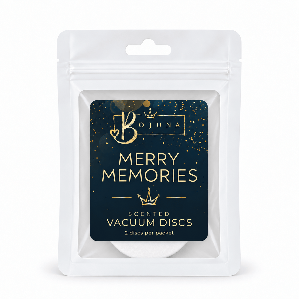 Bojuna Merry Memories scented vacuum discs, 2 pack, navy and gold label on the white resealable pouch, centred on a white background.
