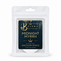 Bojuna Midnight Myrrh scented vacuum discs, 2 pack, navy and gold label on the white resealable pouch, centred on a white background.