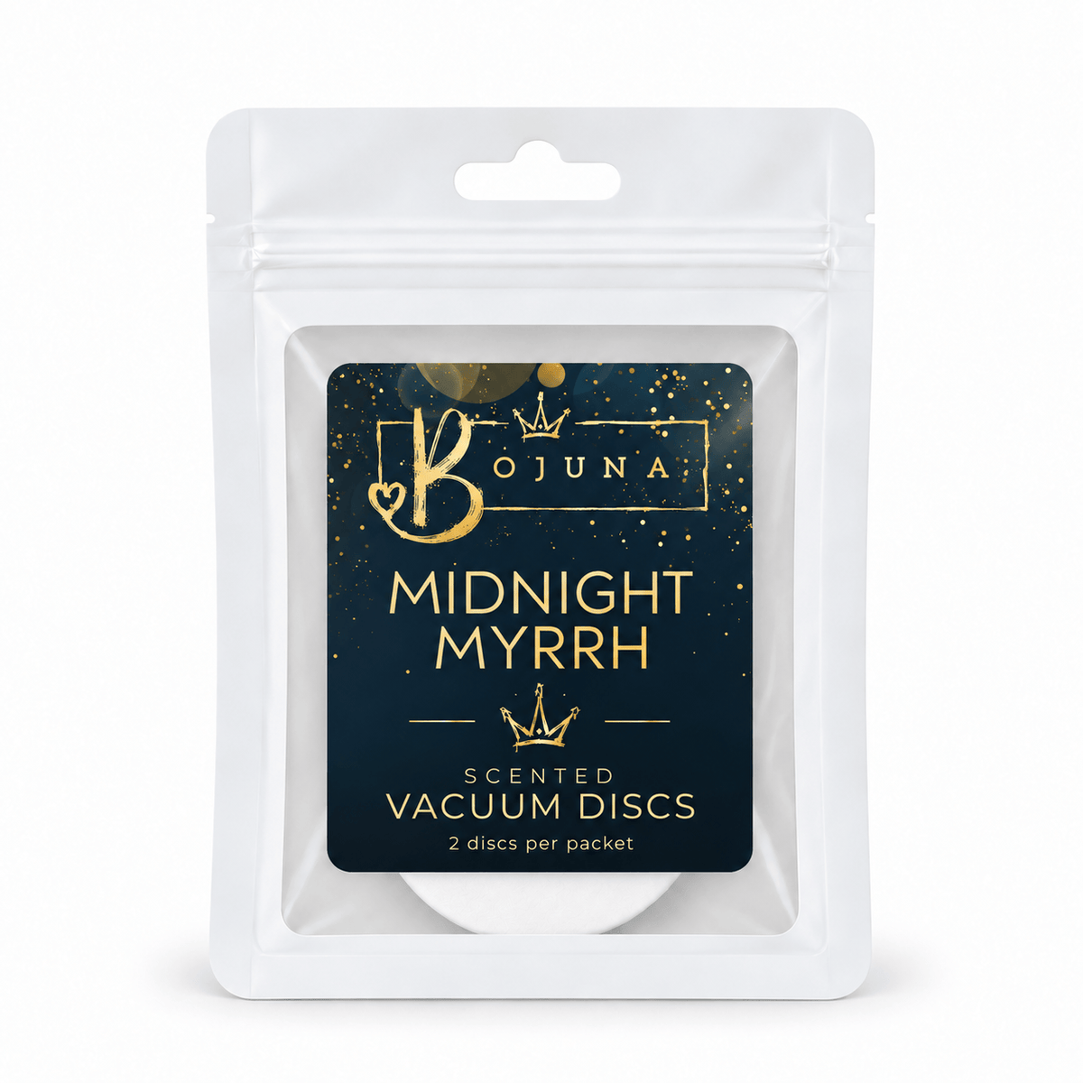 Bojuna Midnight Myrrh scented vacuum discs, 2 pack, navy and gold label on the white resealable pouch, centred on a white background.