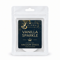 Bojuna Vanilla Sparkle scented vacuum discs, 2 pack, navy and gold label on the white resealable pouch, centred on a white background.