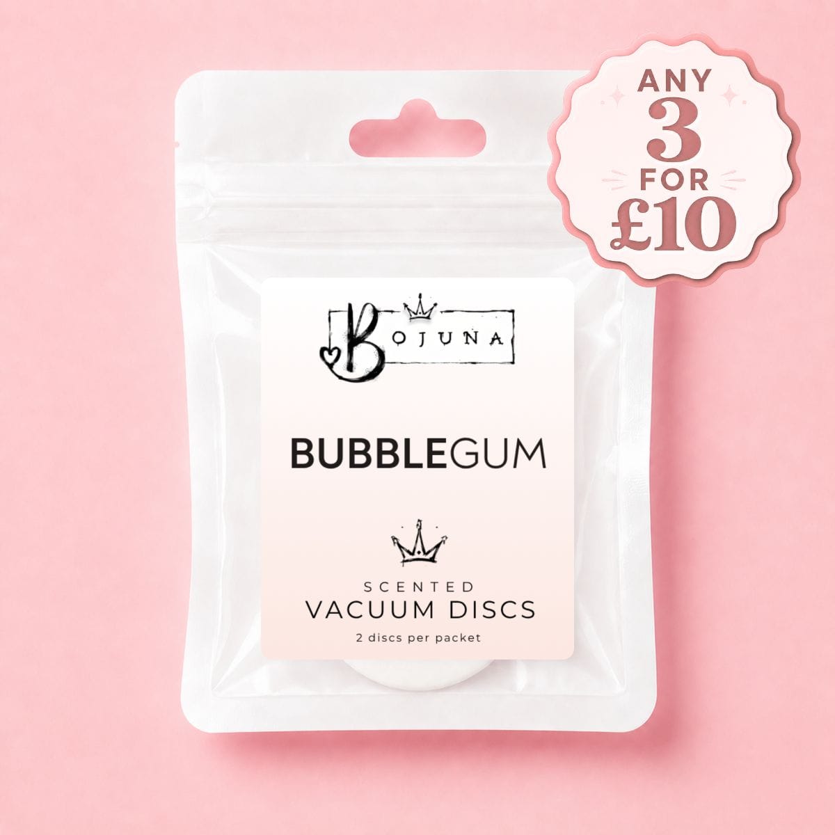 Bojuna Bubblegum Scented Vacuum Discs in a white resealable pouch with a pink label, shown on a pink background with a promotional badge reading 'ANY 3 FOR £10'.