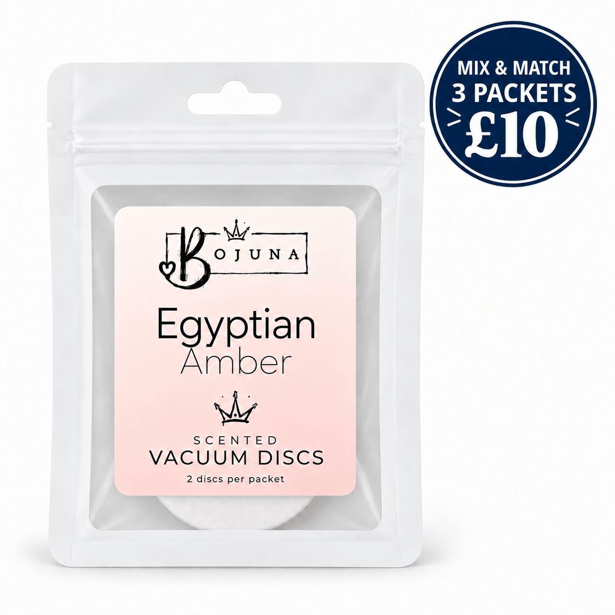 Bojuna Egyptian Amber scented vacuum discs, 2 pack, on white background. Mix and match 3 packets for £10.