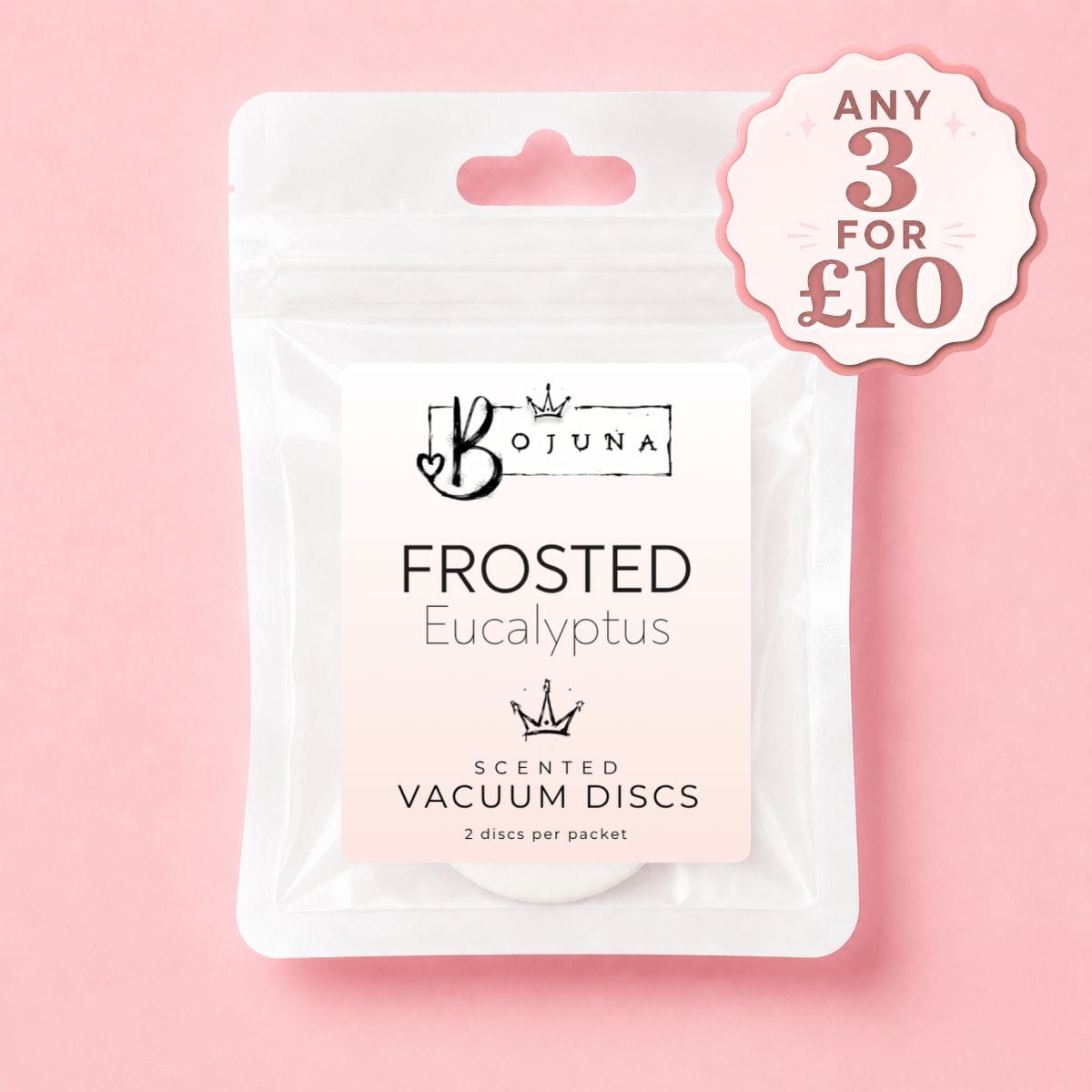 A white stand-up pouch of Bojuna Scented Vacuum Discs, labeled 'Frosted Eucalyptus', on a solid pink background with a promotional badge in the top right corner.