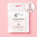 A white stand-up pouch of Bojuna Sundown Blossom scented vacuum discs, shown on a soft pink background with a pink promotional badge in the top right corner.