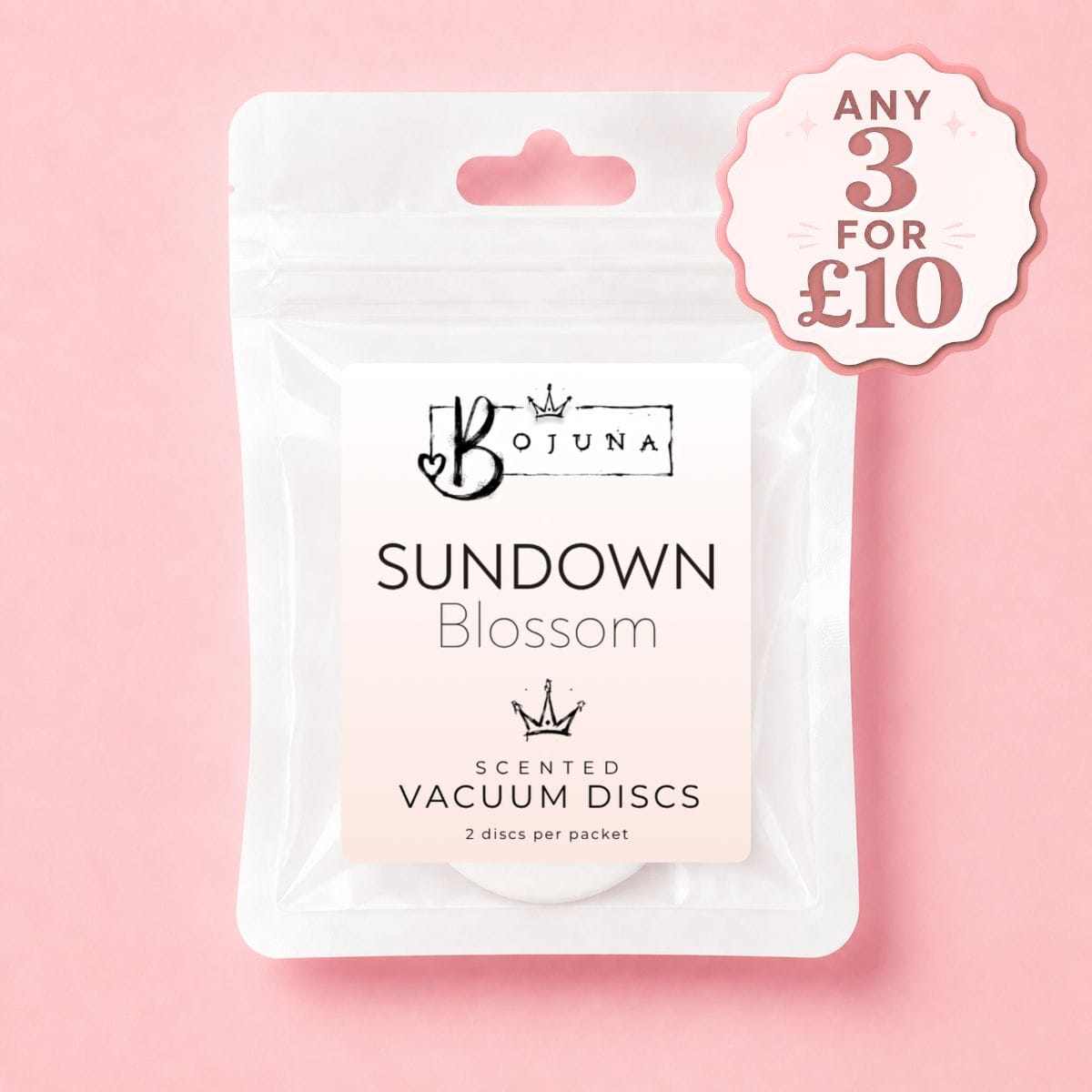 A white stand-up pouch of Bojuna Sundown Blossom scented vacuum discs, shown on a soft pink background with a pink promotional badge in the top right corner.