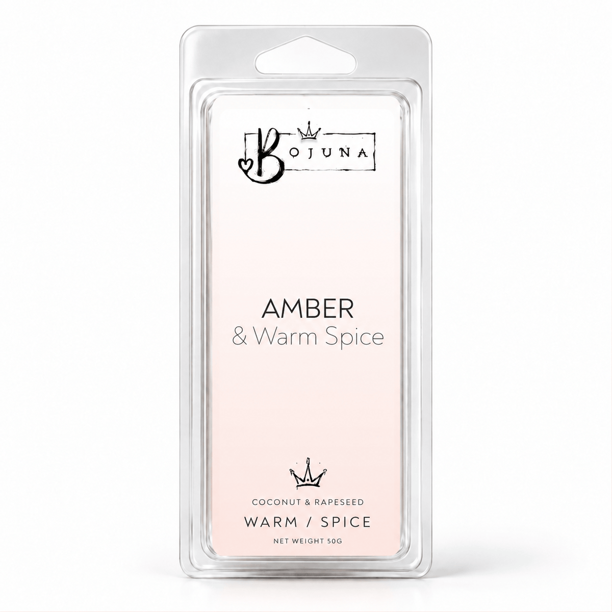 Bojuna Amber & Warm Spice 50g wax melt snap bar in clear clamshell packaging on a white background.