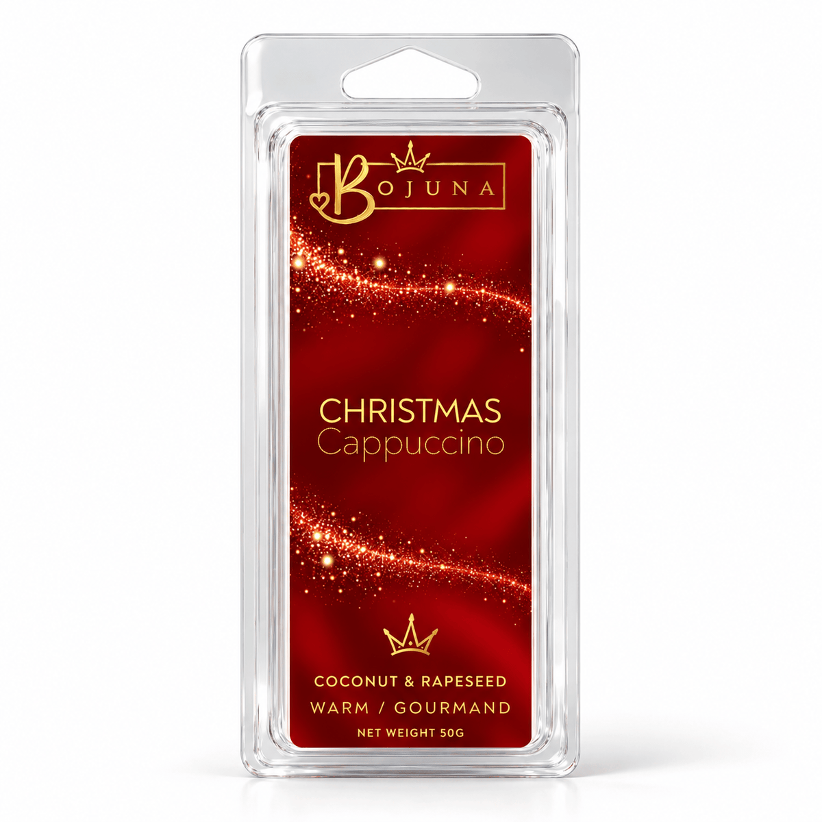 Bojuna Christmas Cappuccino 50 g Christmas wax melt snap bar in crystal-clear clamshell packaging with a red and gold festive label.