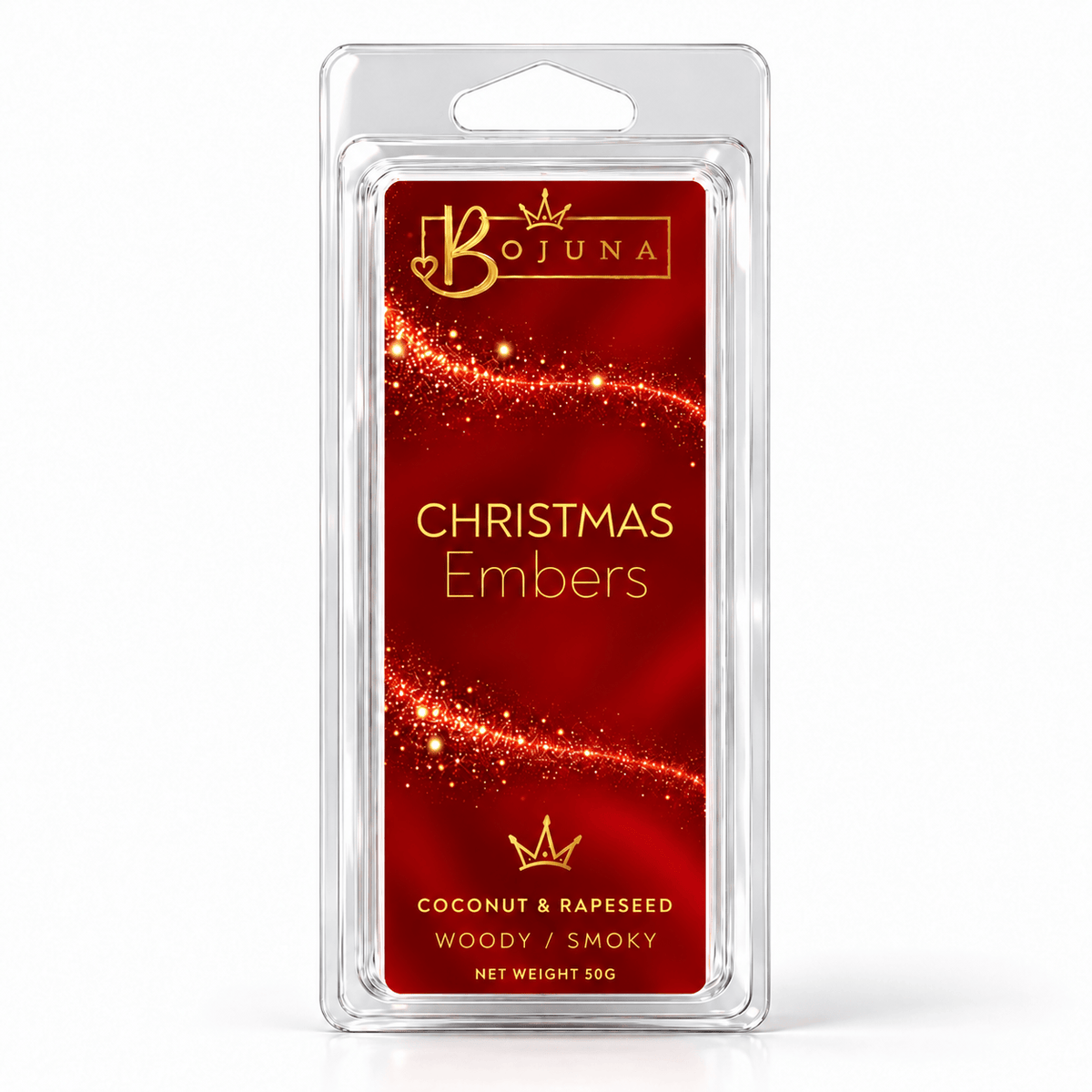 Bojuna Christmas Embers 50 g Christmas wax melt snap bar in crystal-clear clamshell packaging with a red and gold festive label.