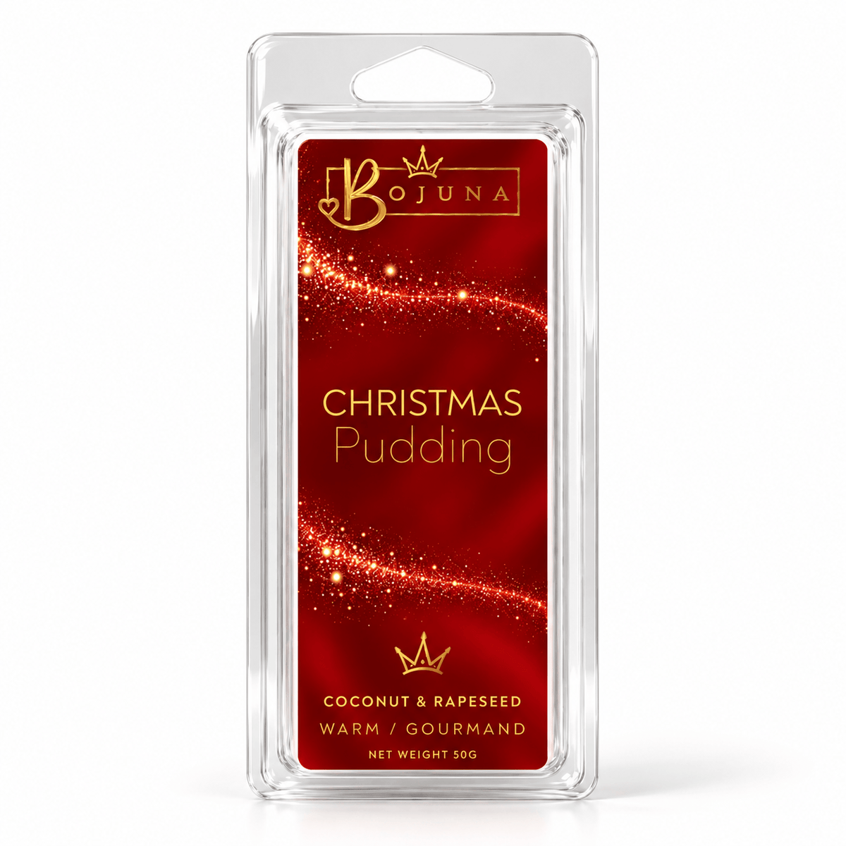 Bojuna Christmas Pudding 50 g Christmas wax melt snap bar in crystal-clear clamshell packaging with a red and gold festive label.