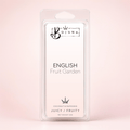 Bojuna English Fruit Garden wax melts in a clear plastic clamshell package with a white insert card, set against a soft pink background.