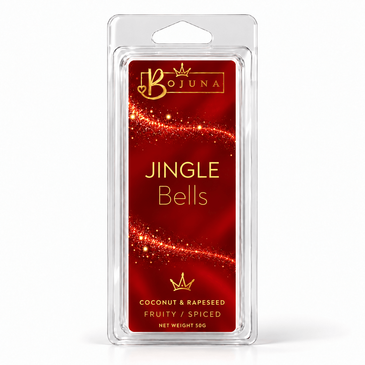Bojuna Jingle Bells 50 g Christmas wax melt snap bar in crystal-clear clamshell packaging with a red and gold festive label.