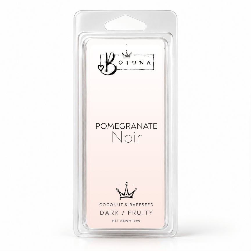 Bojuna Pomegranate Noir 50g wax melt snap bar in clear clamshell packaging on a white background.