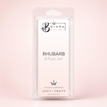 A packaged wax melt or scented melt package labeled 'BOJUNA RHUBARB & ROSE JAM' in a clear plastic clamshell on a soft pink background.