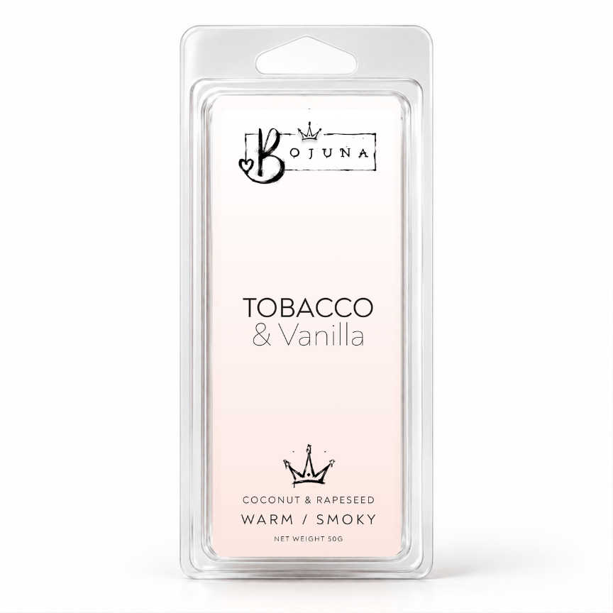 Bojuna Tobacco & Vanilla 50g wax melt snap bar in clear clamshell packaging on a white background.
